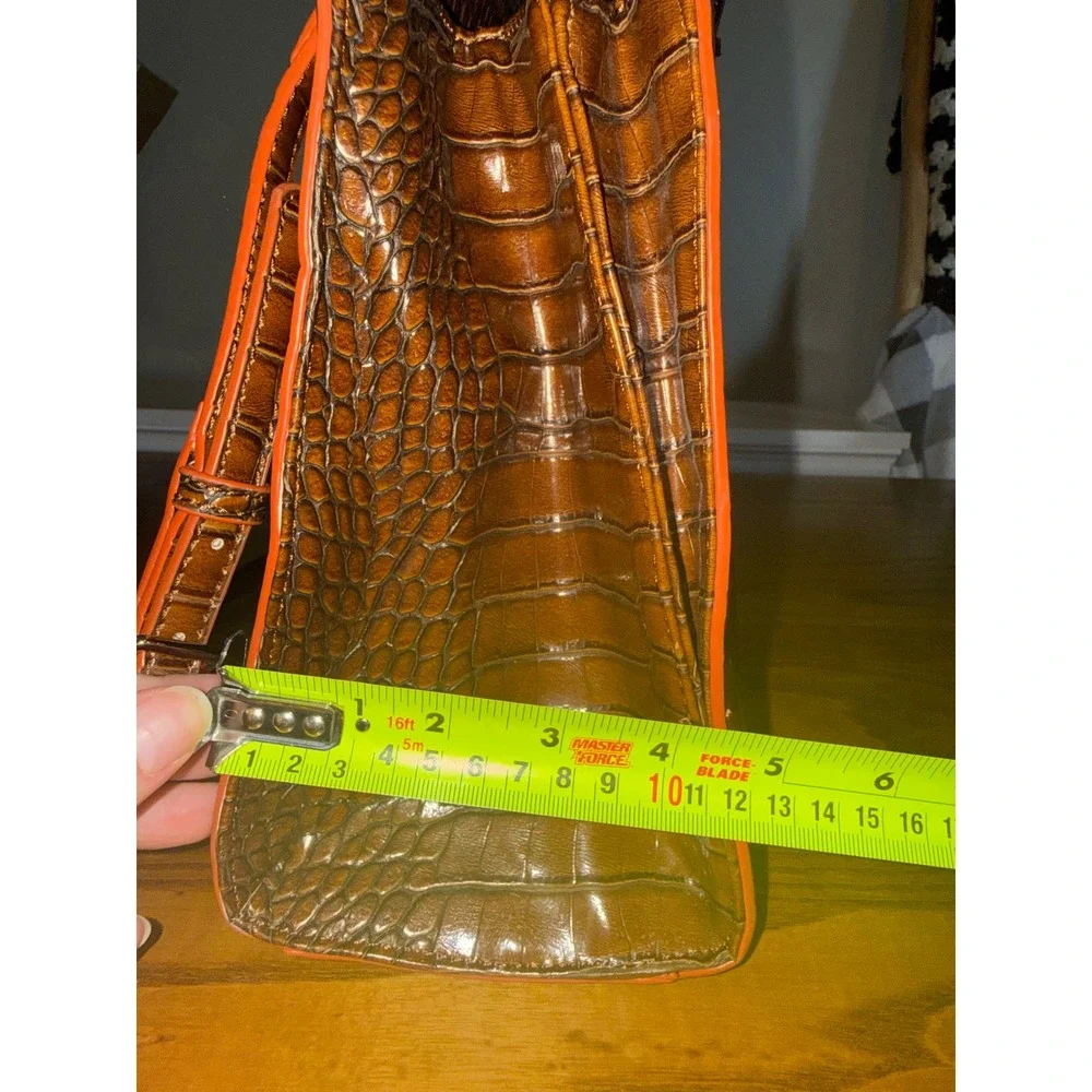 Nine West Brown Croc Embossed Satchel Handbag Orange Trim Crossbody Bag